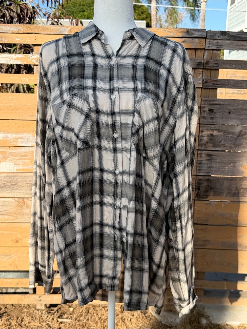 Mossimo Supply Co. Vintage Cream, Black & Olive Plaid Flannel Button-Down Shirt